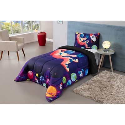 Kit Edredom Plush Fofinho Infantil Dupla Face Dream 2 Peças Solteiro - Astronauta