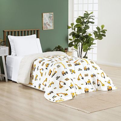 Coberdrom Cobertor Lutti Solteiro Quarto Cama Infantiil Sherpa Manta Toque Lã de Carneiro Trator Caminhão Branco