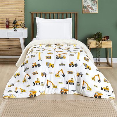 Coberdrom Cobertor Lutti Solteiro Quarto Cama Infantiil Sherpa Manta Toque Lã de Carneiro Trator Caminhão Branco