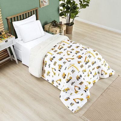 Coberdrom Cobertor Lutti Solteiro Quarto Cama Infantiil Sherpa Manta Toque Lã de Carneiro Trator Caminhão Branco