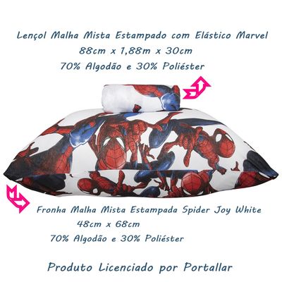 Jogo de Lençol KazzaVip Solteiro Malha  Mista 70% Algodão 30% Poliéster Kids Marvel Spider Joy White 02 Peças Branco