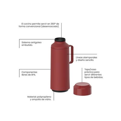 Garrafa Térmica Tramontina Exata em Polipropileno Vermelho com Ampola de Vidro e Tampa Rosqueável 1 L