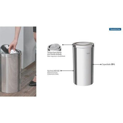 Lixeira Inox Tramontina Swing com Acabamento Polido e Tampa Basculante 20 L