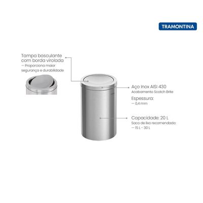 Lixeira Inox Tramontina Swing com Acabamento Polido e Tampa Basculante 20 L