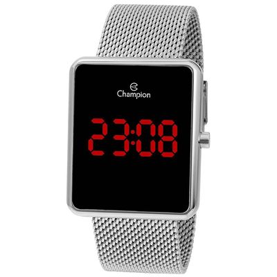 Relógio Champion Feminino Ref: Ch48180t Led Retangular Mesh Prateado