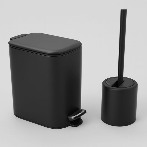Kit Lixeira Escova Sanitaria Banheiro Lavabo Pedal Inox Moderna Premium Black