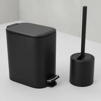 Kit Lixeira Escova Sanitaria Banheiro Lavabo Pedal Inox Moderna Premium Black