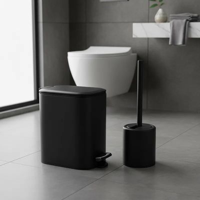 Kit Lixeira Escova Sanitaria Banheiro Lavabo Pedal Inox Moderna Premium Black
