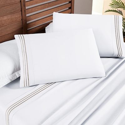 Jogo Cama Lençol Honore Solteiro Micro Percal 200 Fios c/ Detalhes Bordados 3 Peças - Branco Neve Taupe