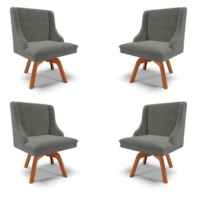 Kit 4 Cadeiras Decorativas Sala de Jantar Base Giratória de Madeira Firenze Suede Grafite/Natural G19 - Gran Belo