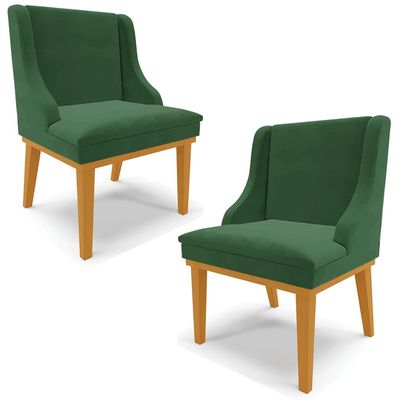 Kit 2 Cadeiras Decorativas Sala de Jantar Base Fixa de Madeira Firenze Veludo Verde Esmeralda/Castanho G19 - Gran Belo