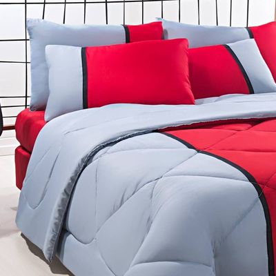 Enxoval Edredom + Jogo De Cama Queen Aconchego Premium 06 Peças - Vermelho/ Cinza