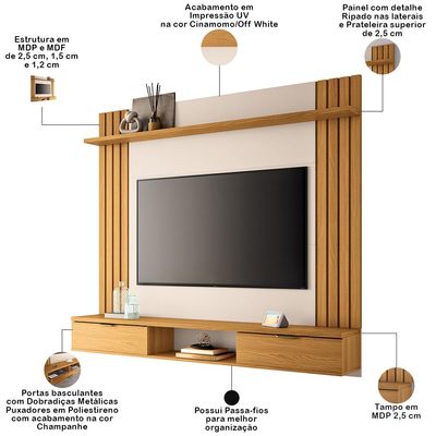 Painel Para TV 70 Pol com Bancada Suspensa Soleil B01 Cinamomo Off White - Lyam Decor