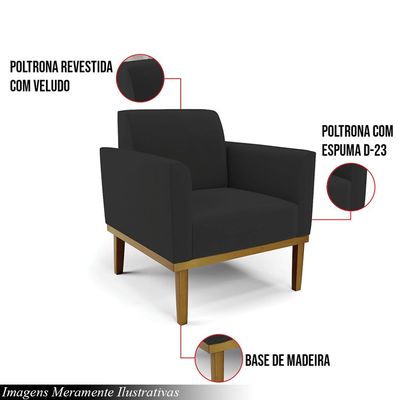 Kit 2 Poltronas Decorativas Karen Pés Fixo em Madeira Castanho Veludo Preto G19 - Gran Belo