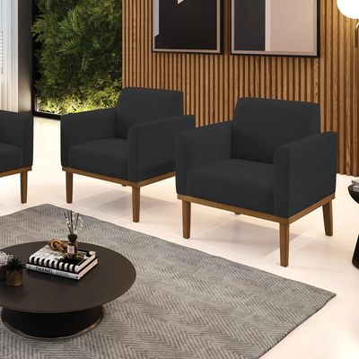 Kit 2 Poltronas Decorativas Karen Pés Fixo em Madeira Castanho Veludo Preto G19 - Gran Belo