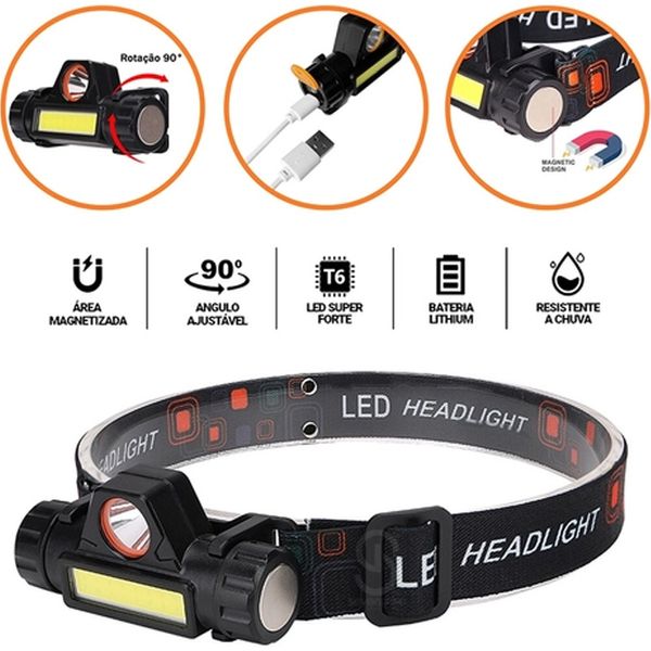 Lanterna de Cabeça LED Ajustável Carregamento USB