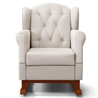 Poltrona Amamentação Base Madeira Balanço E Puff Lucy P04 Suede Bege - Mpozenato