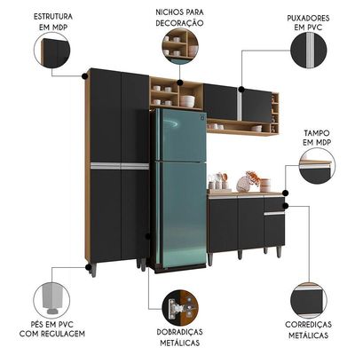Cozinha Modulada 230cm 4 Peças Balcão E Aéreo Vanessa Amêndoa-preto - Ajl Móveis