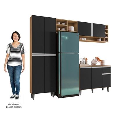 Cozinha Modulada 230cm 4 Peças Balcão E Aéreo Vanessa Amêndoa-preto - Ajl Móveis