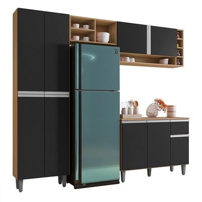 Cozinha Modulada 230cm 4 Peças Balcão E Aéreo Vanessa Amêndoa-preto - Ajl Móveis