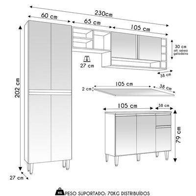 Cozinha Modulada 230cm 4 Peças Balcão E Aéreo Vanessa Amêndoa-preto - Ajl Móveis
