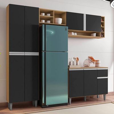 Cozinha Modulada 230cm 4 Peças Balcão E Aéreo Vanessa Amêndoa-preto - Ajl Móveis