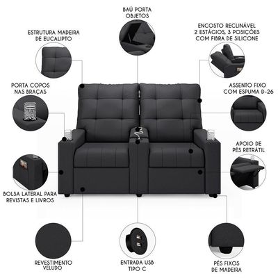 Poltrona De Cinema Reclinável 2 Lugares Baú Usb Mallie Fh9 Veludo Cinza - Mpozenato