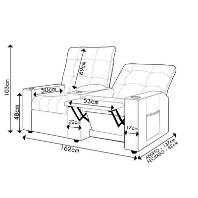 Poltrona De Cinema Reclinável 2 Lugares Baú Usb Mallie Fh9 Veludo Cinza - Mpozenato