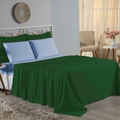 Jogo De Cama Queen Nobre 4 Peças Lençol Com Elástico De 30cm De Altura Malha 100% Algodão - Verde-bandeira / Azul-bebê
