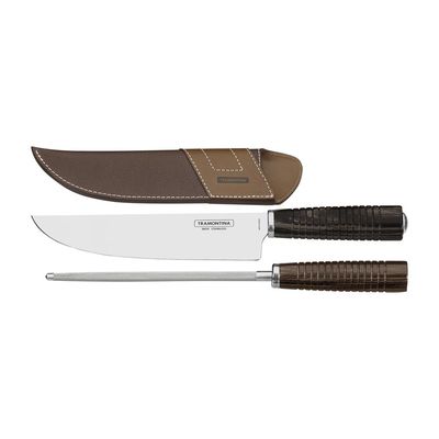 Jogo para Churrasco Tramontina em Aço Inox e Cabo Castanho Polywood com Bainha de Couro 2 Peças
