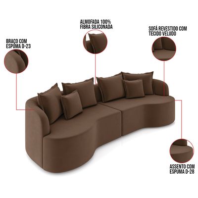 Sofá 4 Lugares Orgânico Living 250cm Mersa Veludo Marrom K01 - D'Rossi