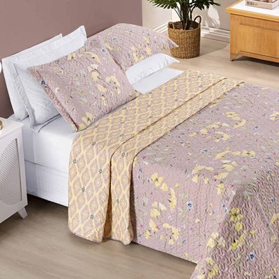 Colcha Ayla Casal Queen Tecido Dupla Face Microfibra 03 Peças - Lavanda Floral