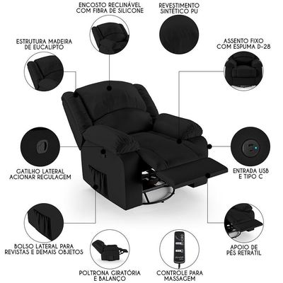 Poltrona Do Papai Reclinável Pietra Glider Giratória Massagem Fh9 Pu Preto - Mpozenato