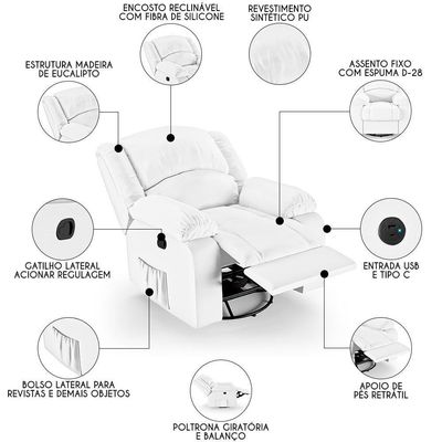 Poltrona Do Papai Reclinável Pietra Glider Giratória Usb Fh9 Pu Branco - Mpozenato