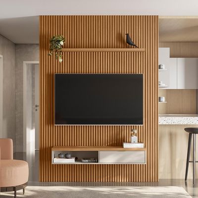 Painel Ripado Para TV 75 Pol Slats e Bancada Lisa 180x250cm L05 Nature Off White - Lyam Decor
