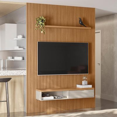 Painel Ripado Para TV 75 Pol Slats e Bancada Lisa 180x250cm L05 Nature Off White - Lyam Decor