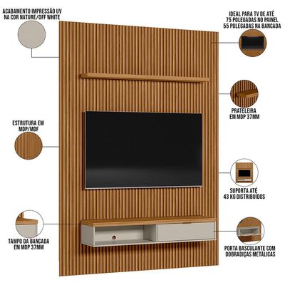 Painel Ripado Para TV 75 Pol Slats e Bancada Lisa 180x250cm L05 Nature Off White - Lyam Decor