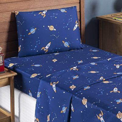 Jogo Cama Lençol Fantasy Solteiro Cama Quarto Infantil Microfibra 3 Peças Galáxia Espaço Azul