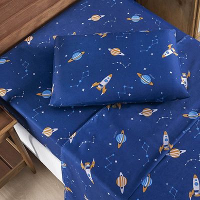 Jogo Cama Lençol Fantasy Solteiro Cama Quarto Infantil Microfibra 3 Peças Galáxia Espaço Azul