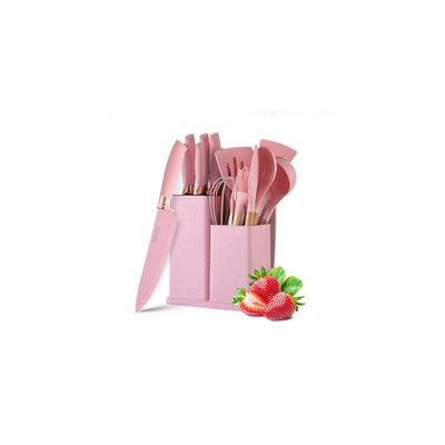 Kit Completo De Utensílios De Cozinha Luxuosos 19 Peças Com Tablet Espátula De Silicone Faca Tesoura - Cor:Rosa