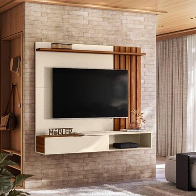 Home Rack Painel Suspenso 1.6 Vegas Sala Para Tv De 65 Polegadas Perola Metalizado Com Cinamomo Mel
