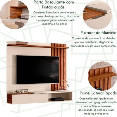 Home Rack Painel Suspenso 1.6 Vegas Sala Para Tv De 65 Polegadas Perola Metalizado Com Cinamomo Mel