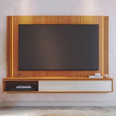 Painel Para TV 75 Pol Bancada Suspensa LED Horebe C04 Freijó Off White Matte - Lyam Decor