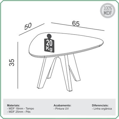 Mesa de Centro Para Sala de Estar Orgânica Alta Selly D03 Off White Freijó - Lyam Decor