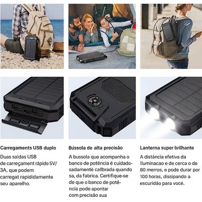 Power Bank Solar Portátil 10000mAh - Preto