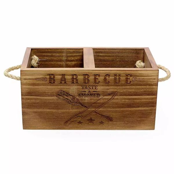 Porta Talher Decorglass Barbecue Retangular em Madeira 15x25cm