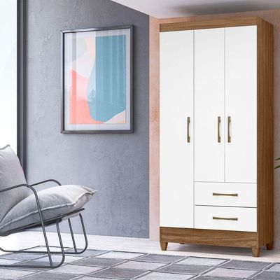 Guarda Roupa Solteiro Quarto Pequeno 3 Portas 2 Gavetas Lima Naturale Com Branco
