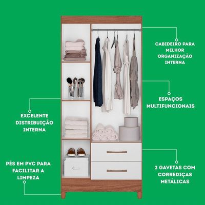 Guarda Roupa Solteiro Quarto Pequeno 3 Portas 2 Gavetas Lima Naturale Com Branco