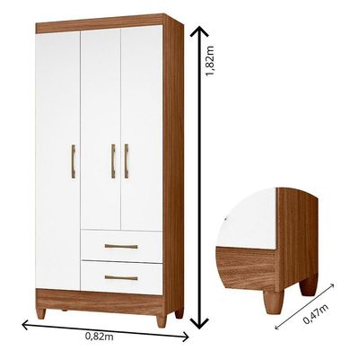 Guarda Roupa Solteiro Quarto Pequeno 3 Portas 2 Gavetas Lima Naturale Com Branco