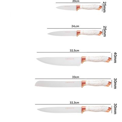 Conjunto 5 Facas Estilo Mármore Suporte Cozinha Utensílios legância e Precisão - Cor:Branco